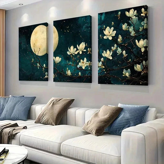 3pcs Dark Teal And Golden Botanical Decor Wall Art Set Canvas Framed 40x60cm - High Quality Print 100% Australian Made Wall Canvas Ready to Hang