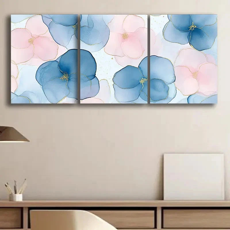 3pcs Pastel Blue Lilac Marble with Golden Accents Metal Print Ready to Hang Art