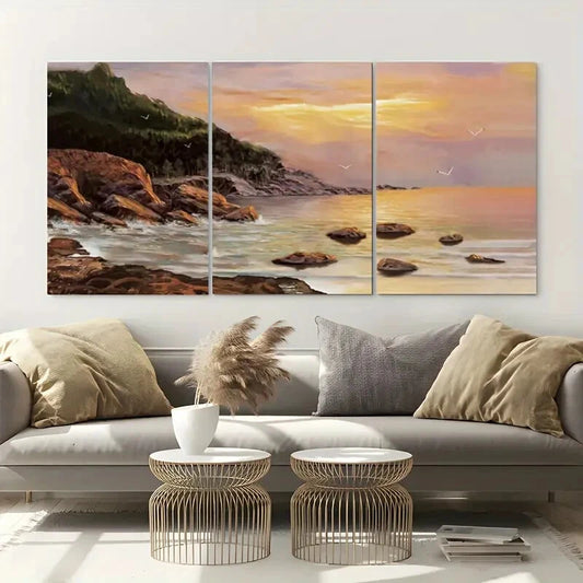 3pcs Sunset Beach and Mountain View Metal Print Ready to Hang Art