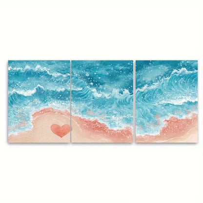 3pcs Beach Scene with Heart & Ocean Waves Metal Print Ready to Hang Art