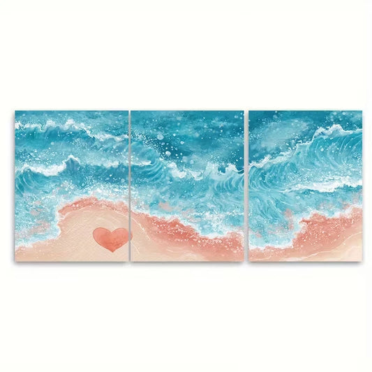 3pcs Beach Scene with Heart & Ocean Waves Metal Print Ready to Hang Art