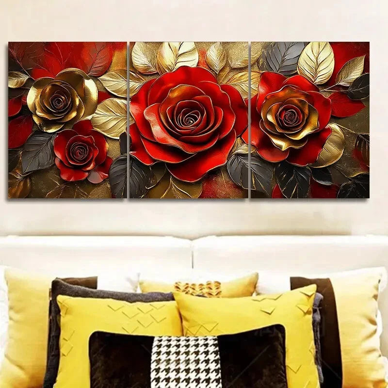 3pcs Elegant Golden Rose Classic Style Metal Print Ready to Hang Art