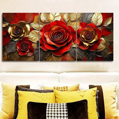 3pcs Elegant Golden Rose Classic Style Metal Print Ready to Hang Art