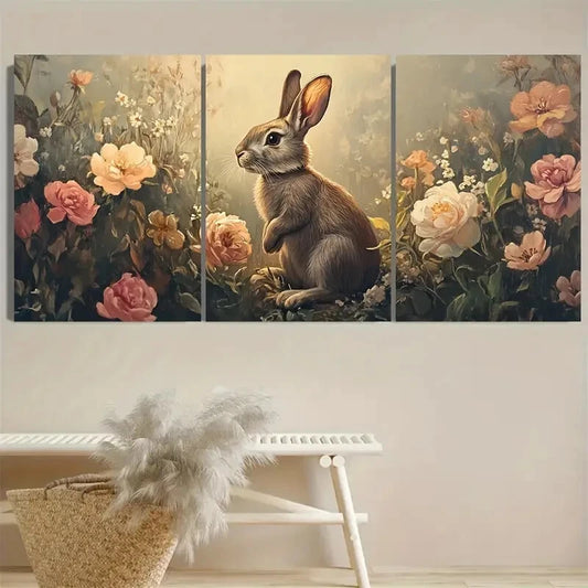 3pcs Retro Rabbit And Flowers Wild Animal Metal Print Ready to Hang Art
