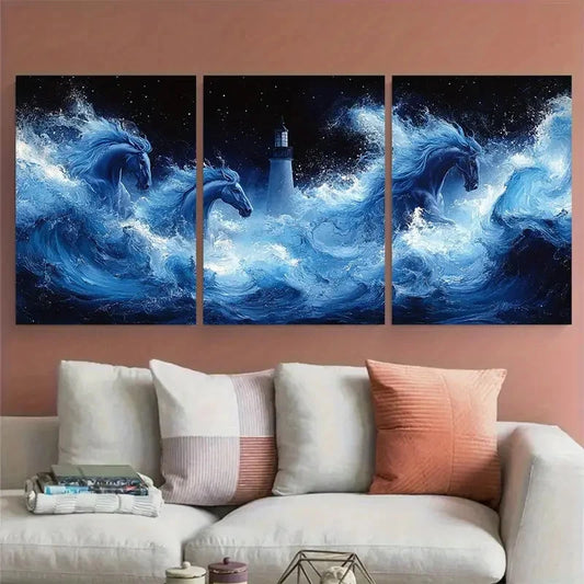 3pcs Raging Sea Horses in Black Blue Lighthouse Metal Print Ready to Hang Art