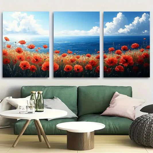 3pcs Beautiful Red Poppy Flowers Field with Ocean Metal Print Ready to Hang Art