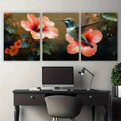 3pcs Hibiscus Floral with Hummingbird Design Metal Print Ready to Hang Art