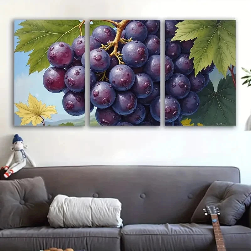 3pcs Vibrant Purple Grapes And Green Leaves Wall Art Set Canvas Framed 40x60cm - High Quality Print 100% Australian Made Wall Canvas Ready to Hang