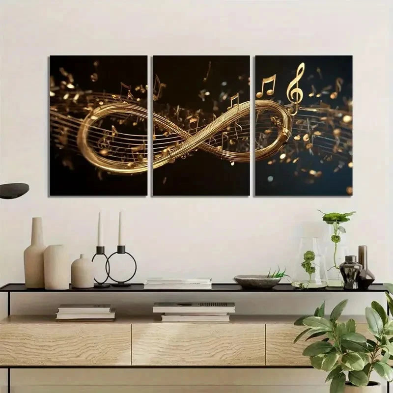 3pcs Golden Musical Notes Flowing Around Infinity Metal Print Ready to Hang Art