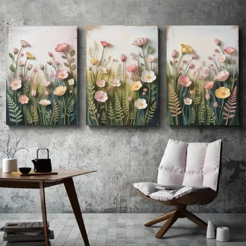 3pcs Nature-Inspired Wildflower & Ferns Metal Print Ready to Hang Art