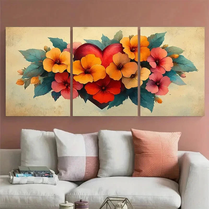 3pcs Vibrant Floral Heart Romantic Botanical Metal Print Ready to Hang Art