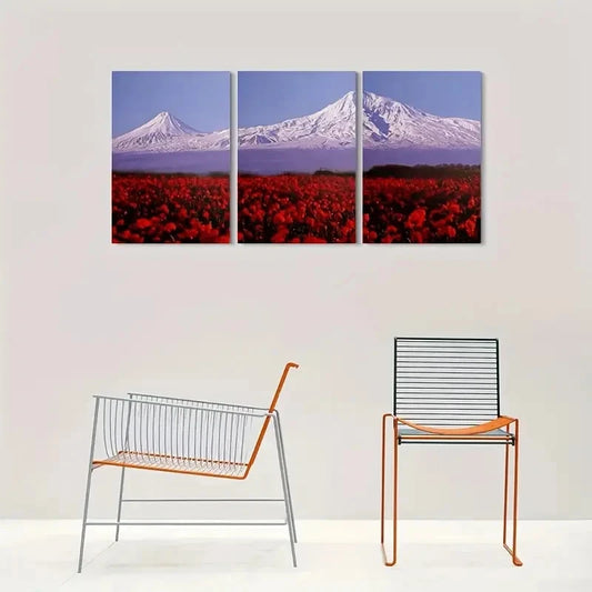 3pcs Snow Capped Mountain and Red Poppy Field Metal Print Ready to Hang Art