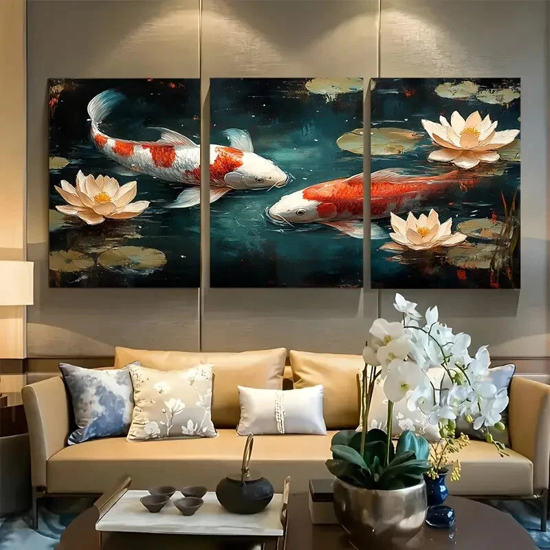 3pcs Koi Fish Pond with Lotus Florals Metal Print Ready to Hang Art