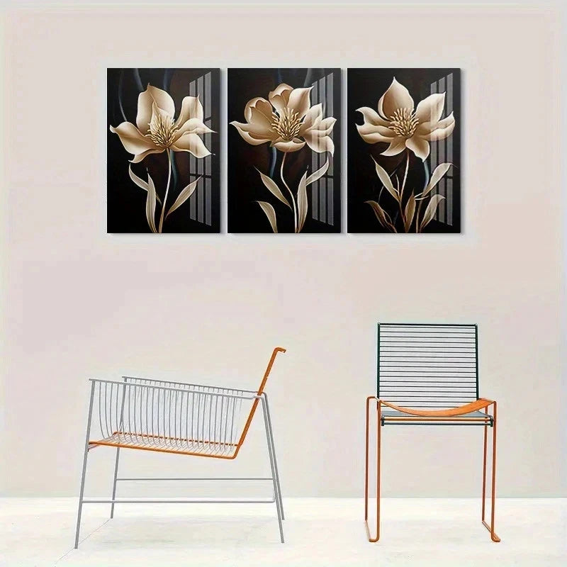 3pcs Abstract Flower Black and Golden Metal Print Ready to Hang Art