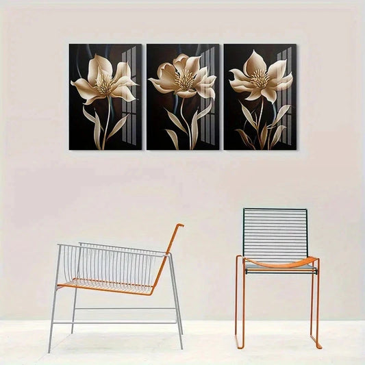 3pcs Abstract Flower Black and Golden Metal Print Ready to Hang Art