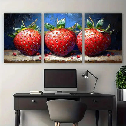 3pcs Vibrant Red & Green Strawberries Fruit Wall Art Set Canvas Framed 40x60cm - High Quality Print 100% Australian Made Wall Canvas Ready to Hang