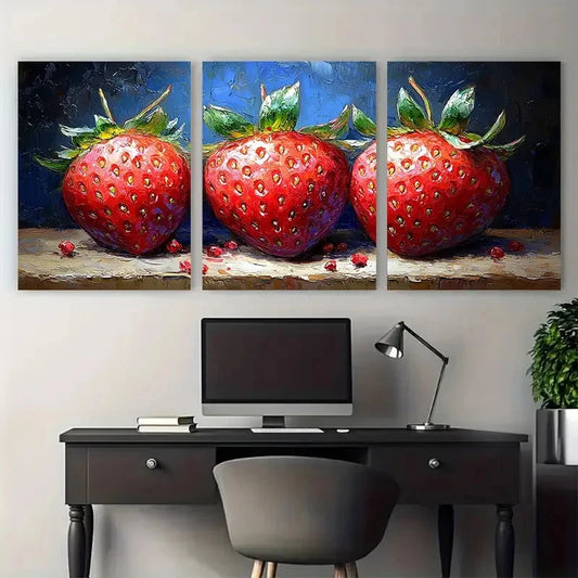 3pcs Vibrant Red & Green Strawberries Fruit Wall Art Set Canvas Framed 40x60cm - High Quality Print 100% Australian Made Wall Canvas Ready to Hang
