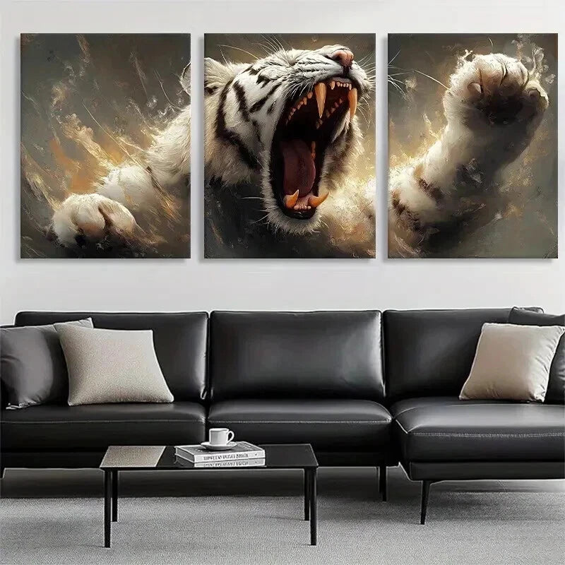 3pcs Fierce White Tiger Powerful Roar Perfect Wall Art Set Canvas Framed 40x60cm - High Quality Print 100% Australian Made Wall Canvas Ready to Hang