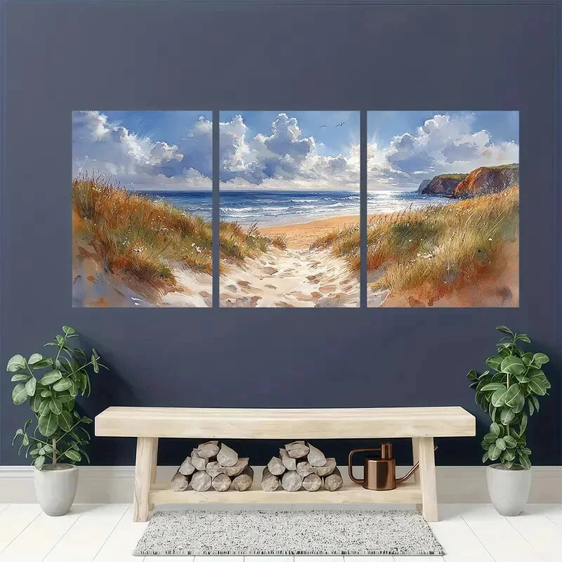 3pcs Coastal Seascape Scene Watercolor Art Metal Print Ready to Hang Art