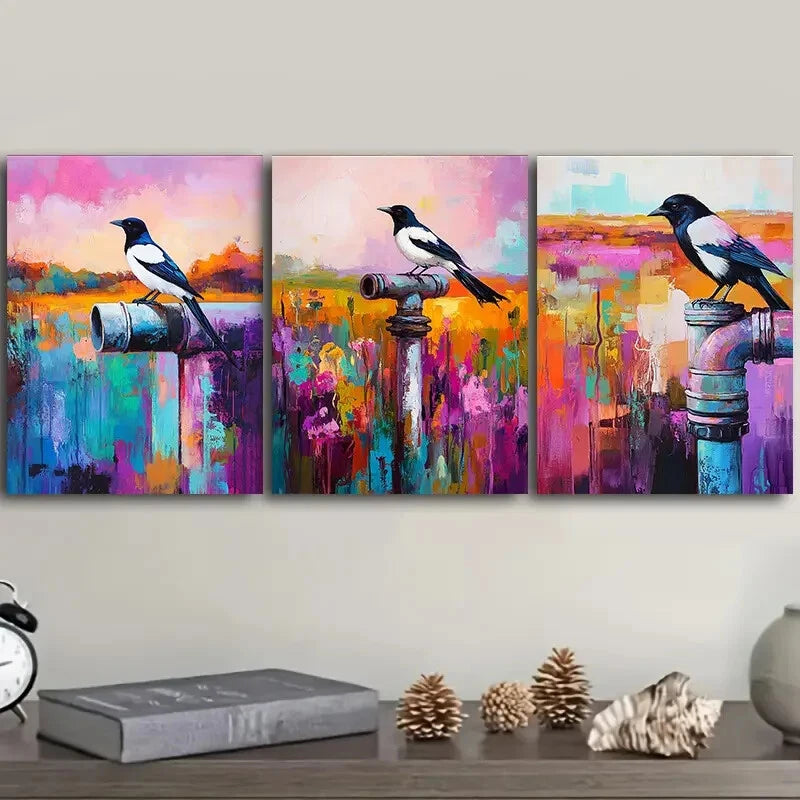 3pcs The Magpie Is On An Old Pipe for Home Metal Print Ready to Hang Art