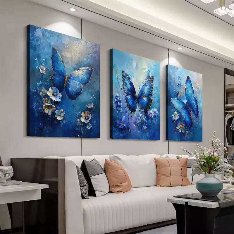 3pcs Blue Floral & Butterfly  Wall Art Set Canvas Framed 50x70cm - High Quality Print 100% Australian Made Wall Canvas Ready to Hang - Bella Home Decor
