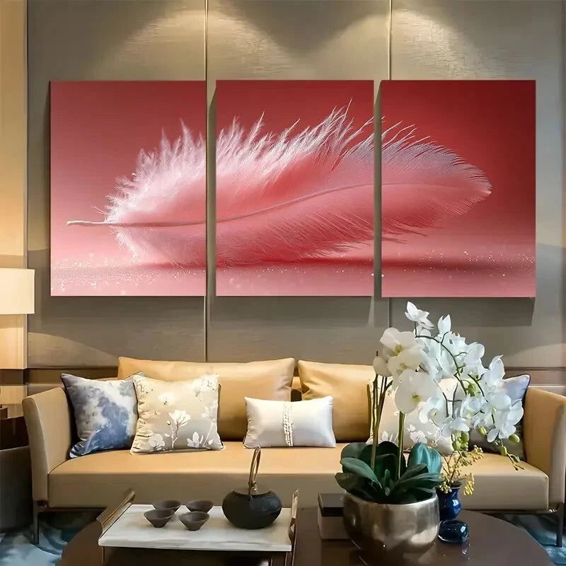 3pcs Feather Light Pink Abstract Decor Metal Print Ready to Hang Art