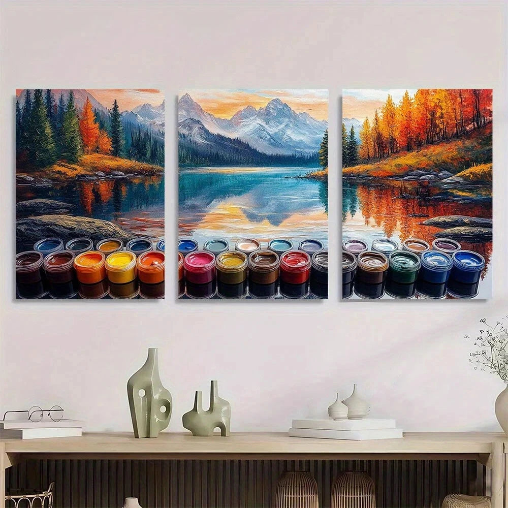 3pcs Scenic Mountain Lake Vibrant Autumn Metal Print Ready to Hang Art