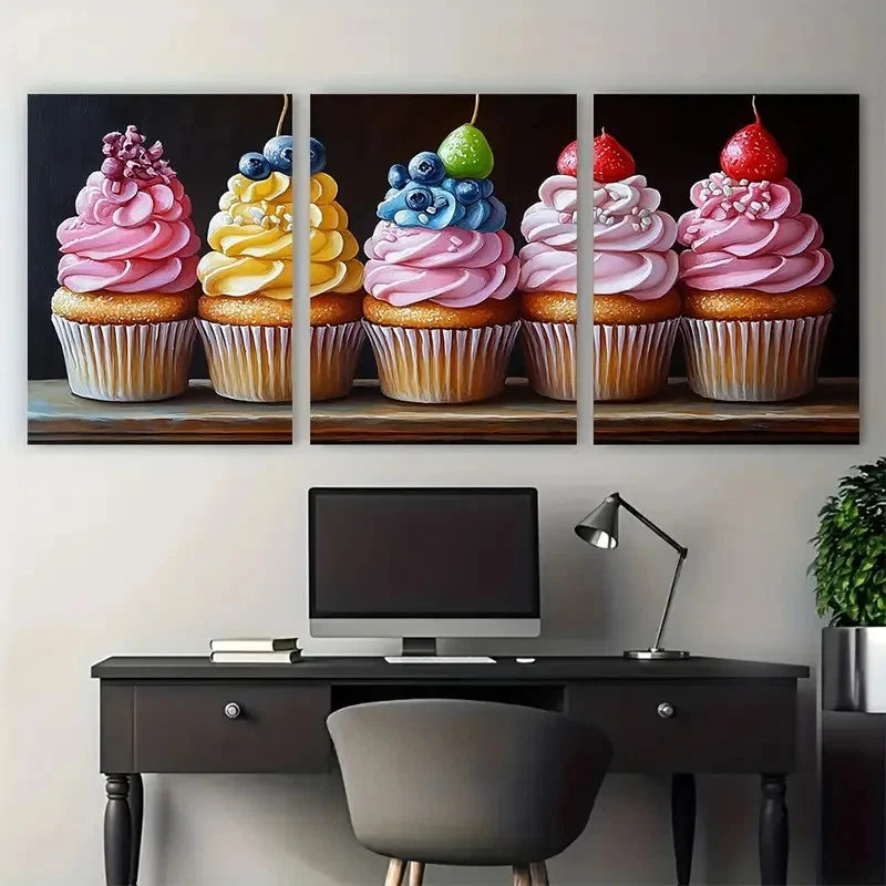 3pcs Vibrant Cupcake Candy Food Illustration Metal Print Ready to Hang Art