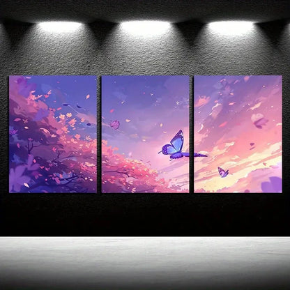 3pcs Serene Butterfly & Floral Pink Illustration Metal Print Ready to Hang Art
