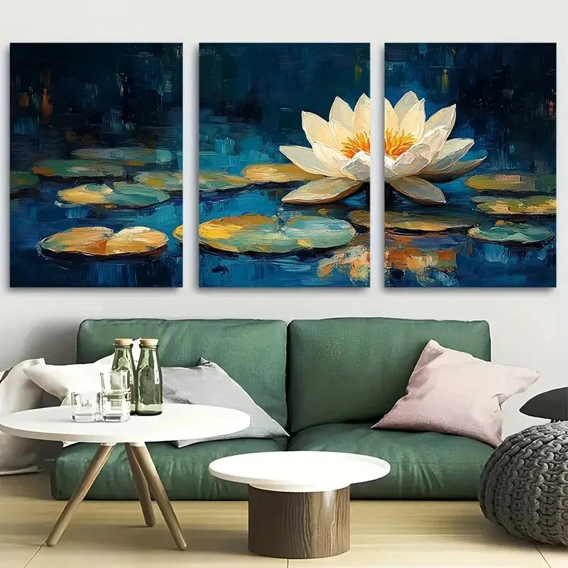 3pcs Abstract Water Lily with Leaves on Pond Metal Print Ready to Hang Art