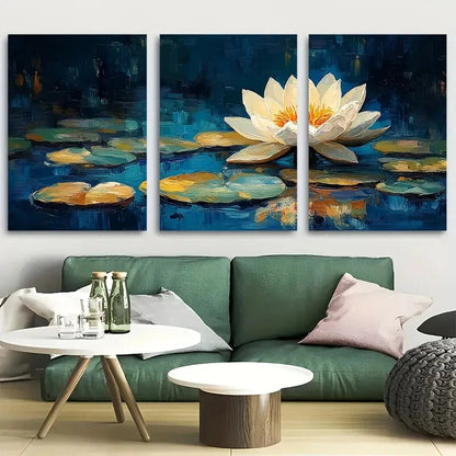 3pcs Abstract Water Lily with Leaves on Pond Metal Print Ready to Hang Art