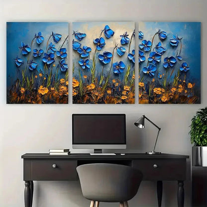 3pcs Bluebell Flowers Impasto Design Metal Print Ready to Hang Art