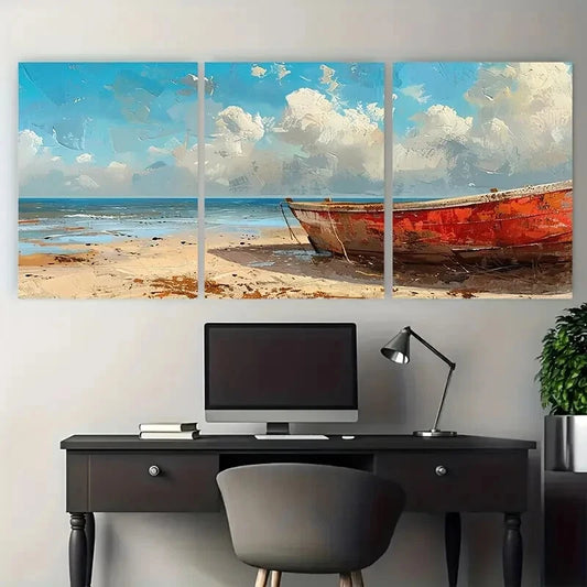 3pcs Coastal Scenery with Red Boat & Cloudy Sky Metal Print Ready to Hang Art
