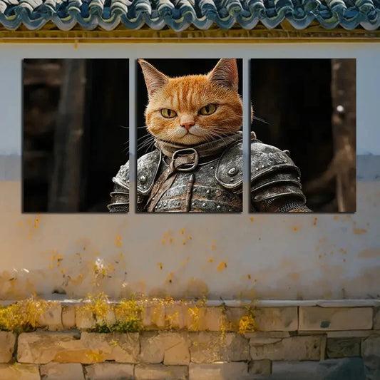 3pcs Cat in Armor Warrior Portrait Metal Print Ready to Hang Art