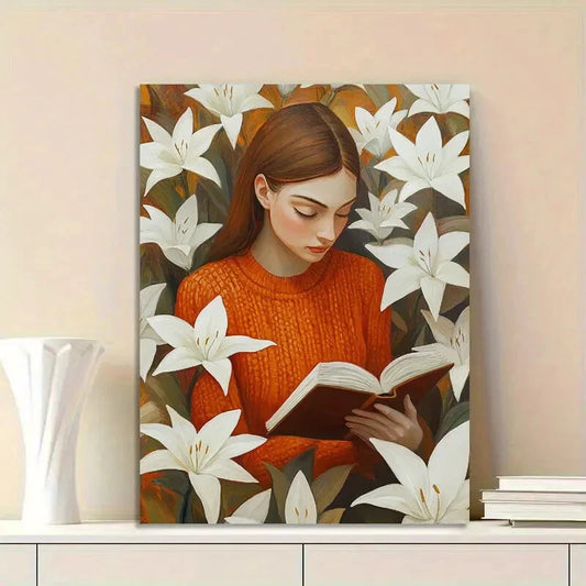 Girl In An Orange Sweater Is Reading White Lilies 40x60cm Metal Print Ready to Hang