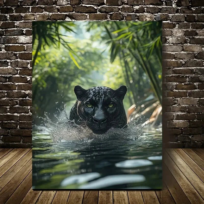 Scene of Panther Splashing in Water Painting 40x60cm Metal Print Ready to Hang