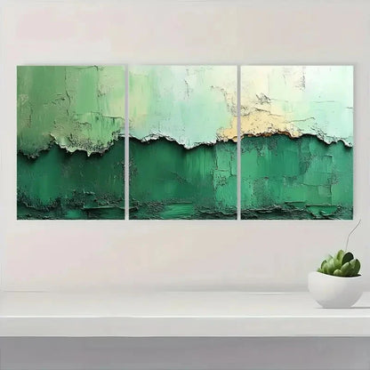 3pcs Minimalist Abstract Green & White Textured Metal Print Ready to Hang Art