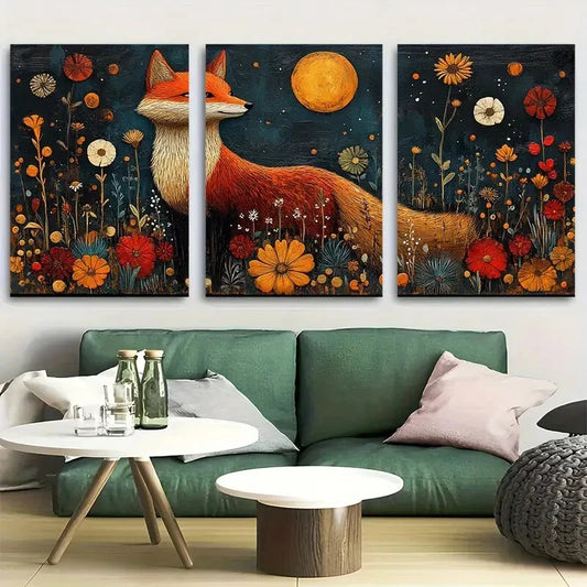 3pcs Scandinavian Fox with Vibrant Florals Metal Print Ready to Hang Art
