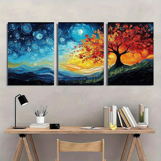 3pcs Vibrant Vortex of Autumn Trees and Waves Metal Print Ready to Hang Art