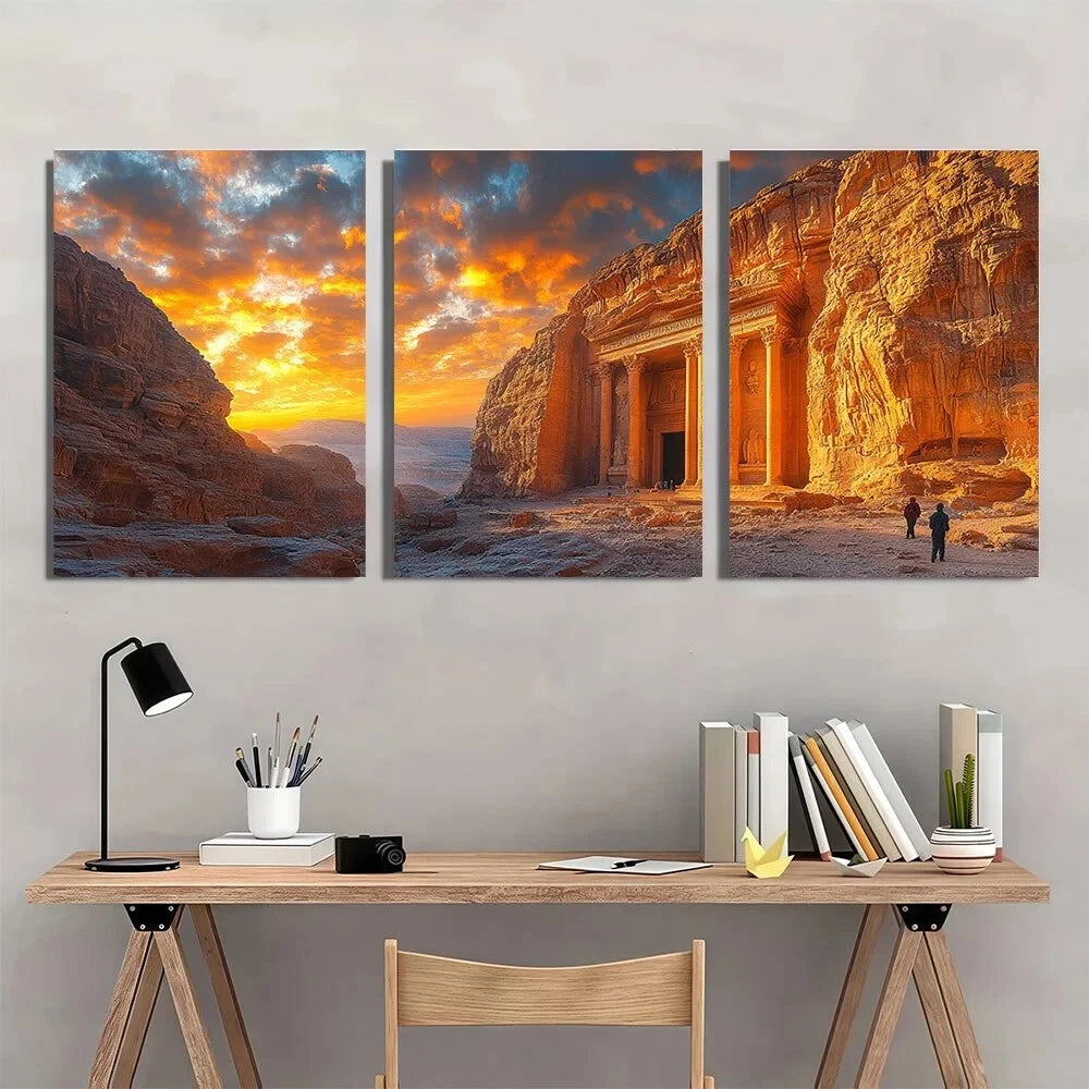 3pcs Petra Travel Painting Brown Themed Metal Print Ready to Hang Art
