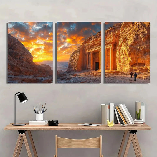 3pcs Petra Travel Painting Brown Themed Metal Print Ready to Hang Art