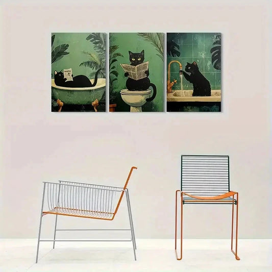 3pcs Whimsical Black Cat Bathroom Scene Metal Print Ready to Hang Art