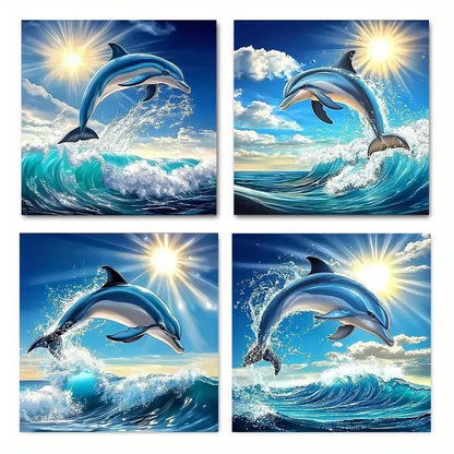 4pcs Vibrant Marine Life & Jumping Dolphins Scen Wall Art Canvas Framed