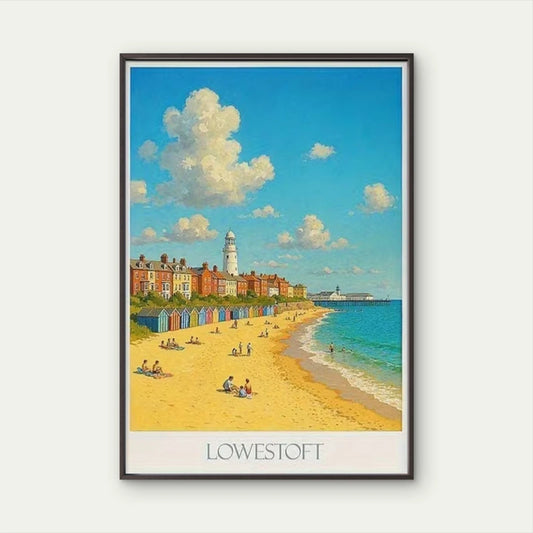 Lowestoft Vintage Coastal Lighthouse & Beach Scene Travel Poster Print Wall Art