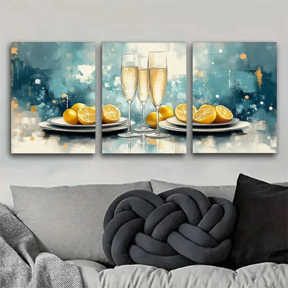 3pcs Abstract Lemon And Champagne Trio Metal Print Ready to Hang Art