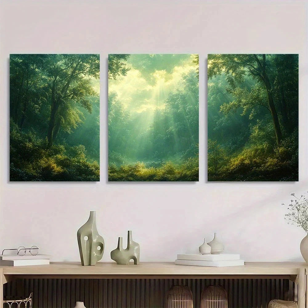 3pcs Emerald Green Forest Sunlit Trees & Misty Metal Print Ready to Hang Art