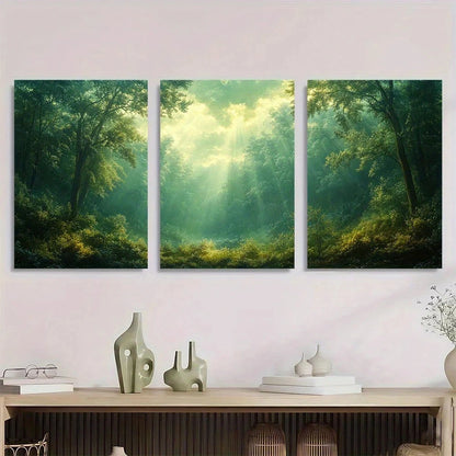 3pcs Emerald Green Forest Sunlit Trees & Misty Metal Print Ready to Hang Art