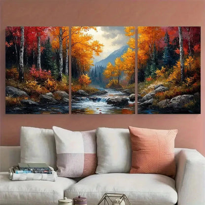 3pcs Nature Forest of Trees with a River Woods Metal Print Ready to Hang Art