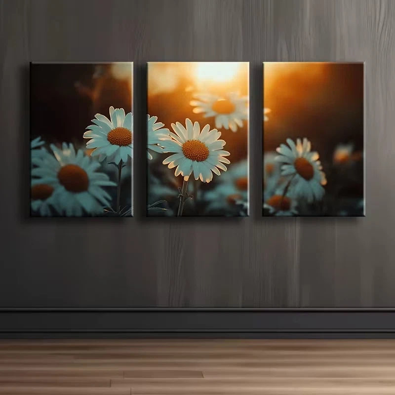 3pcs Daisy Delight Sunset Illustration Wall Art Set Canvas Framed 60x90cm - High Quality Print 100% Australian Made Wall Canvas Ready to Hang