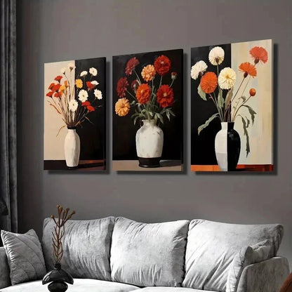 3pcs Colorful Flowers in Black & White Vases Wall Art Set Canvas Framed 40x60cm - High Quality Print 100% Australian Made Wall Canvas Ready to Hang